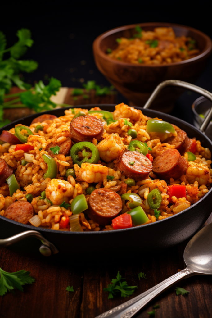 Close-up of a pan filled with shrimp and sausage jambalaya, featuring rice, sliced sausage, shrimp, bell peppers, peas, and other vegetables.