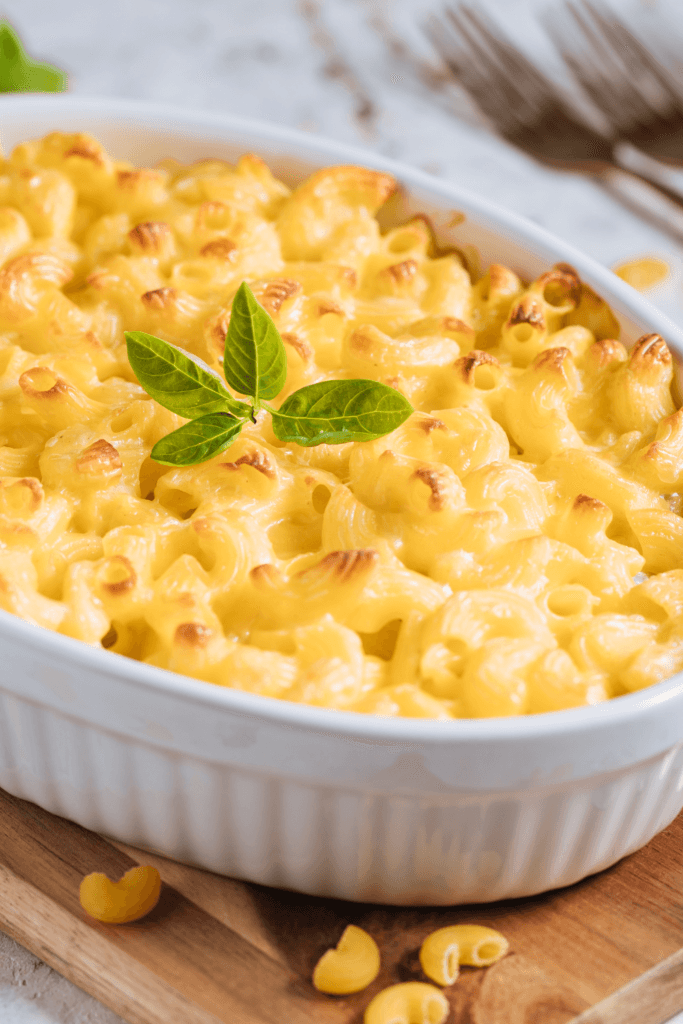 A close-up of baked mac and cheese in a white ceramic baking dish, featuring creamy, golden-yellow cheese sauce with browned spots on top, and garnished with fresh green basil leaves.