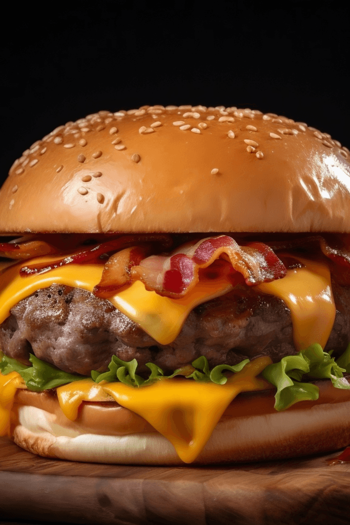 Close-up of a juicy burger with a sesame seed bun, crispy bacon, melted cheese, a thick beef patty, and fresh green lettuce.