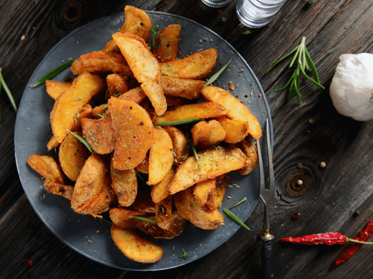 Crispy baked potato wedges with a sprinkle of fresh herbs on a white plate.
