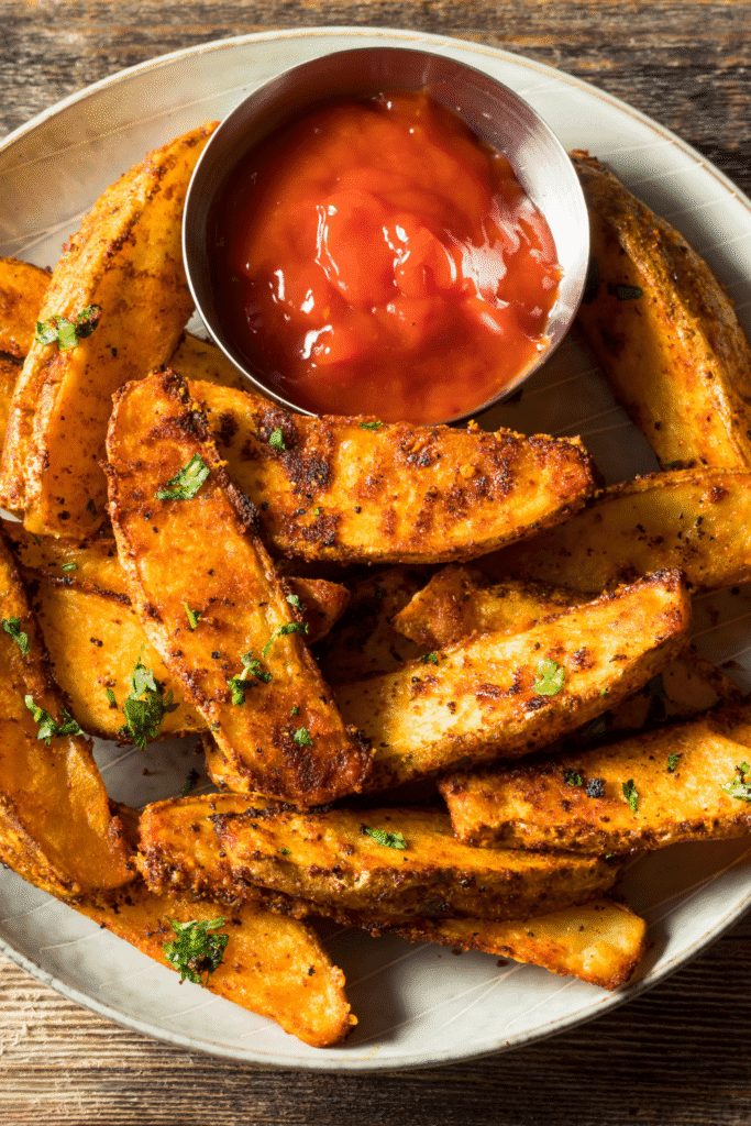 A bowl of golden-brown potato wedges served with a side of ketchup.
