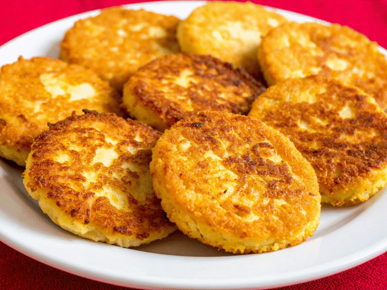 Round, golden-brown potato cakes stacked on a white plate, garnished with fresh parsley.